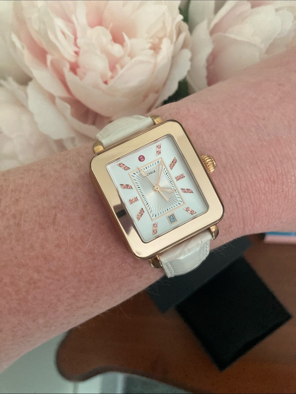 Michele Rose Gold Square Watch with White Strap and Pink Accents